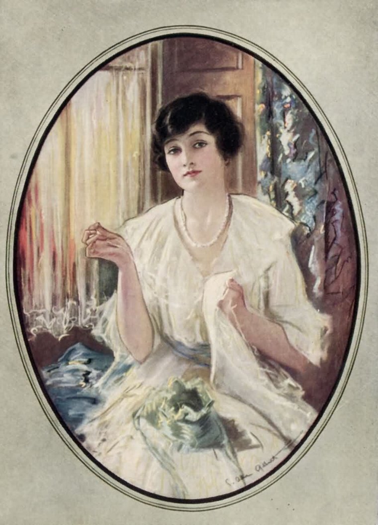 Vintage painting of a young woman in a white dress with a pearl necklace, holding her sewing