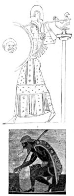 1. Pallas Athene, from a vase in Lord Northampton’s Collection. 2. Ajax in a cloak embroidered with swastika, sun cross, and prehistoric water patterns. Etruscan Museum. Vatican